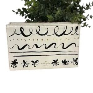 Kate Spade White Black Doodle Flower Large Flat Wristlet Pouch Gold Logo Pouch
